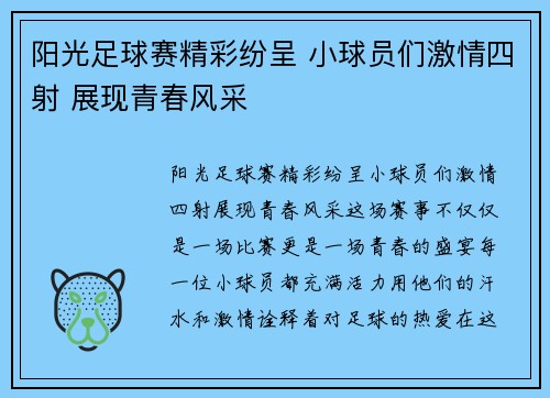 阳光足球赛精彩纷呈 小球员们激情四射 展现青春风采