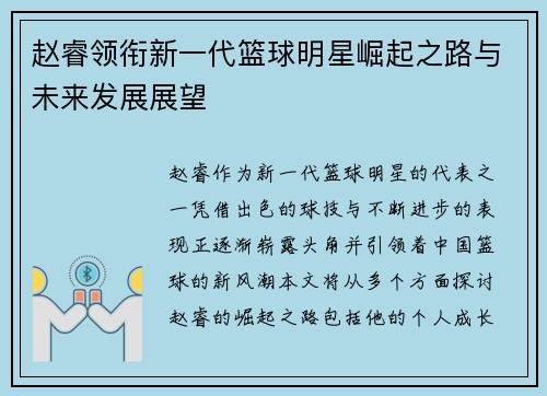 赵睿领衔新一代篮球明星崛起之路与未来发展展望